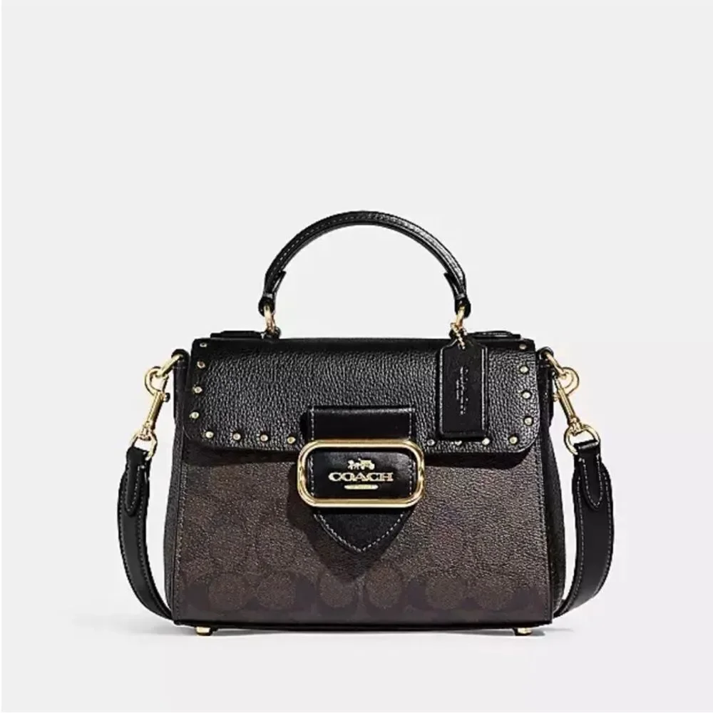 Coach Top Handle Satchel In Color Block Signature Canvas With Rivets